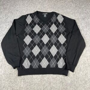 Marco Fiori Mens Argyle V-Neck Sweater Black Grey 100% Extrafine Merino Wool L